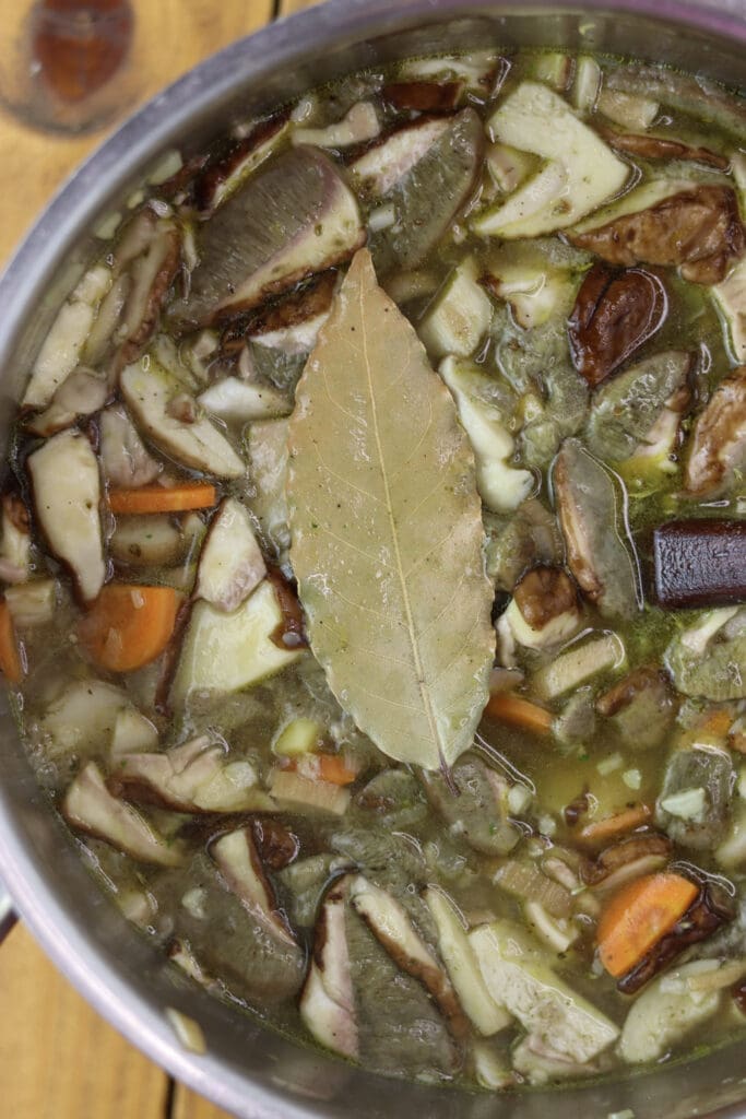Image of adding bay leaf to the pot with the soup that just started cooking